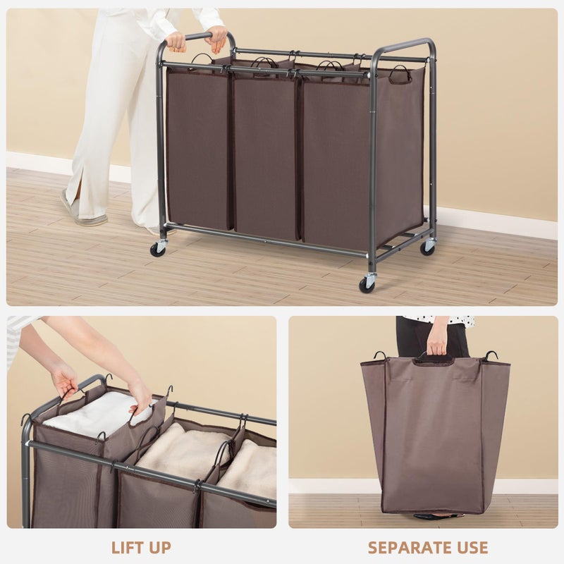 STORAGE MANIAC 3 Section Laundry Sorter, 35.9 Gal (136 L) Laundry Hamper Cart with Heavy Duty Rolling Lockable Wheels and Removable Bags, Clothes Organizer Basket Clothes Separator Hamper, Brown - Image 4